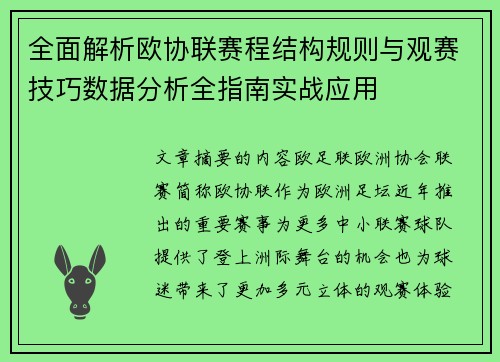全面解析欧协联赛程结构规则与观赛技巧数据分析全指南实战应用 全面解析欧协联赛程结构规则与观赛技巧数据分析全指南实战应用